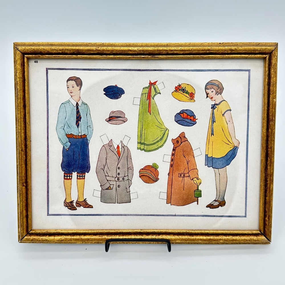 Vintage Framed Uncut Paper Dolls Print 11x8.5 Gold Gilt Frame 1920s Style Art
